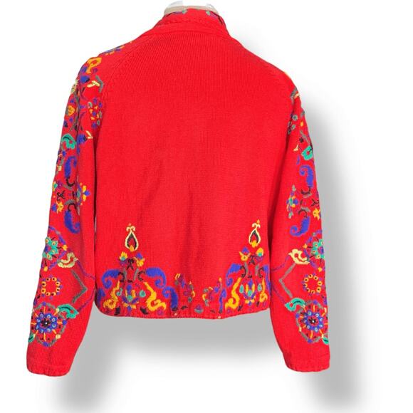 Vintage 90s Michael Simon Embroidered Cherry Red Artsy Knit Cardigan Sweater - Picture 4 of 12